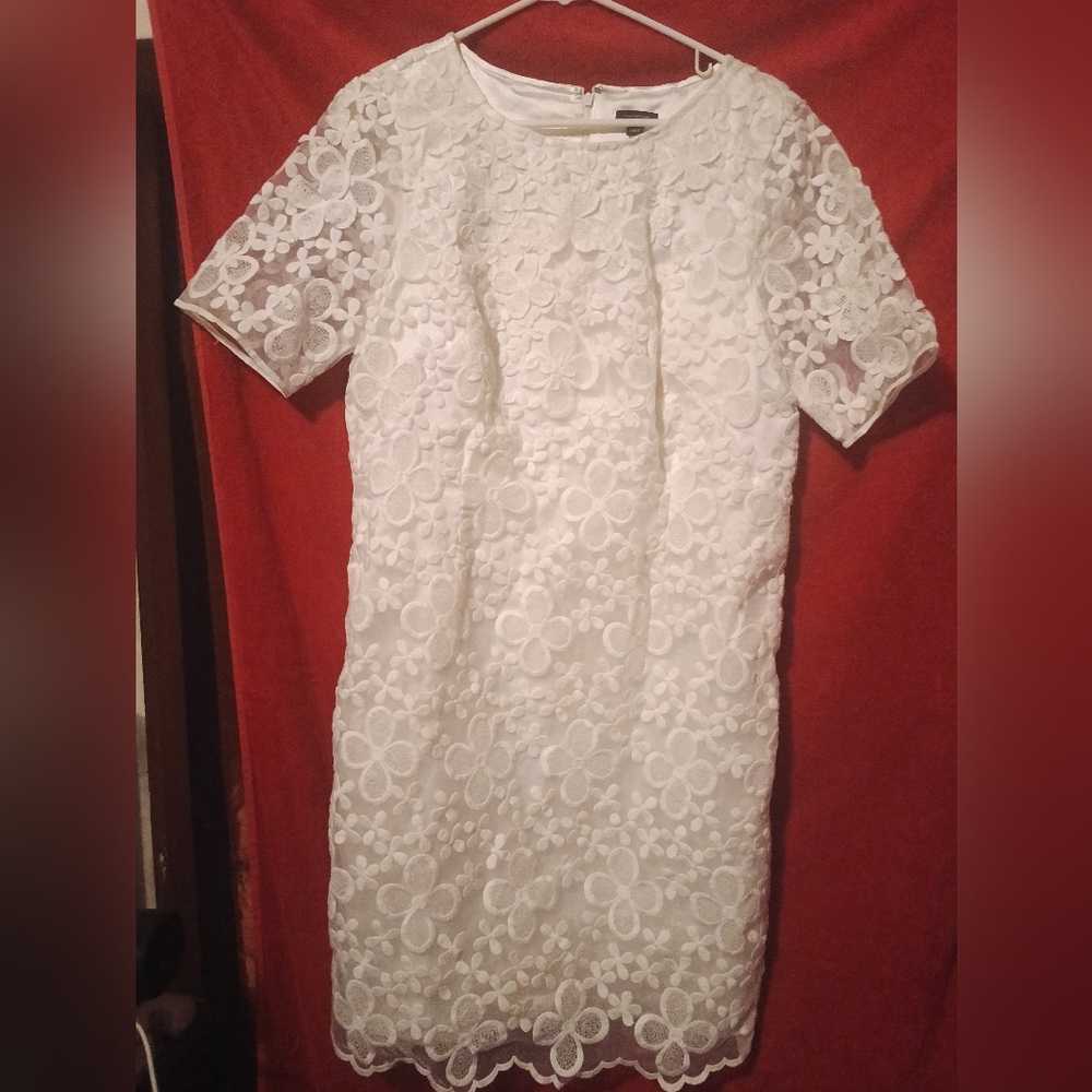 Ann Taylor size 10 off-white floral embroidered polyester short sleeve dress